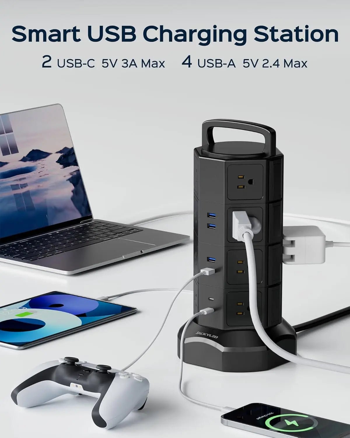 Power Strip Tower Surge Protector, JACKYLED 16 Outlets 6 USB (2 USB C)▶【22-in-1 Power Strip】With 16 widely spaced AC outlets(2.2inch) and 6 smart charging USB ports (2 USB C), this surge protector tower is powerful enough to accommodatJACKYLEDNovacartPower Strip Tower surge protector