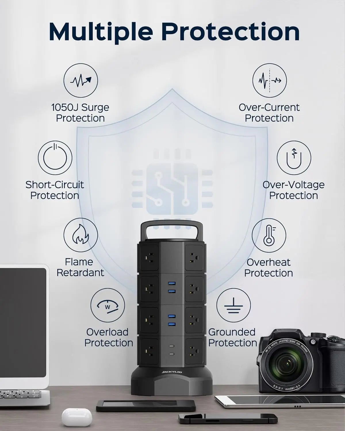 Power Strip Tower Surge Protector, JACKYLED 16 Outlets 6 USB (2 USB C)▶【22-in-1 Power Strip】With 16 widely spaced AC outlets(2.2inch) and 6 smart charging USB ports (2 USB C), this surge protector tower is powerful enough to accommodatJACKYLEDNovacartPower Strip Tower surge protector