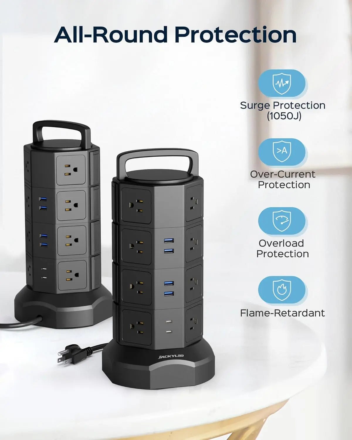 Power Strip Tower Surge Protector, JACKYLED 16 Outlets 6 USB (2 USB C)▶【22-in-1 Power Strip】With 16 widely spaced AC outlets(2.2inch) and 6 smart charging USB ports (2 USB C), this surge protector tower is powerful enough to accommodatJACKYLEDNovacartPower Strip Tower surge protector