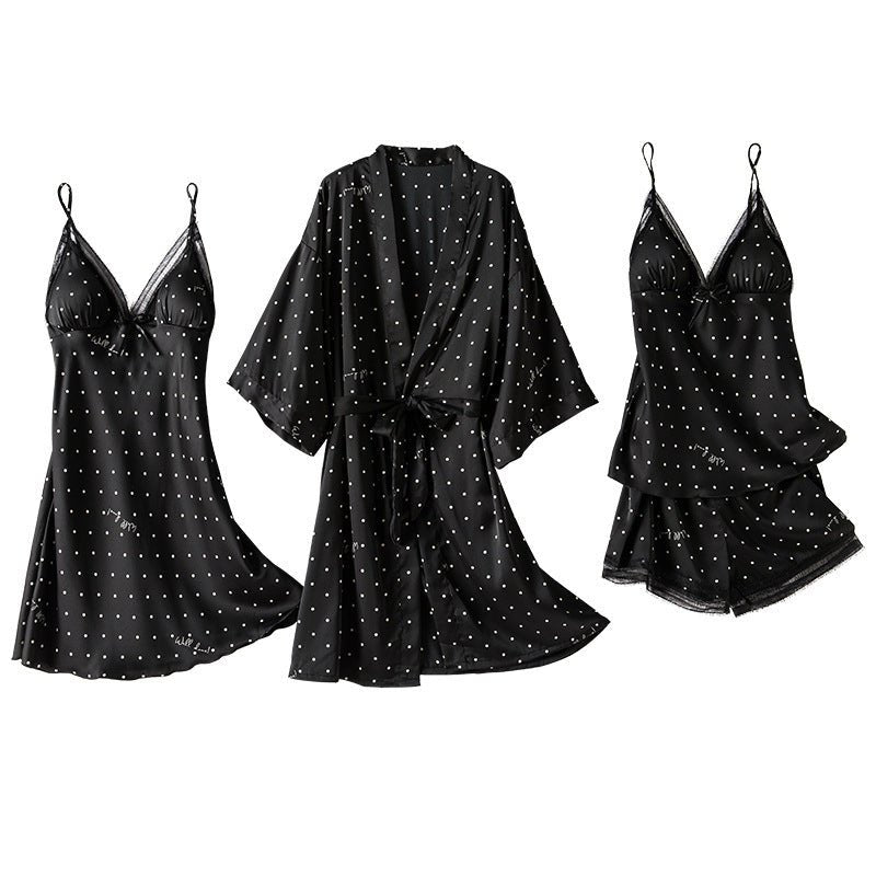 Print Dot Lady Nightwear Satin 4PCS Pajamas Set For Women - Novacart