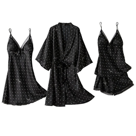 Print Dot Lady Nightwear Satin 4PCS Pajamas Set For Women - Novacart