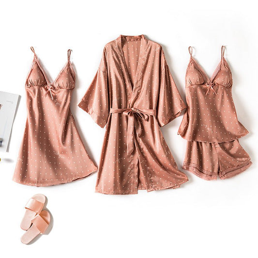 Print Dot Lady Nightwear Satin 4PCS Pajamas Set For Women - Novacart