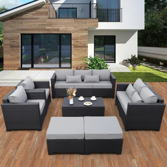 Rattaner Patio Furniture Sets 7 Pieces Outdoor Furniture Sectional PatQuality and Durable: founded atop an anti-rust steel frame, wrapped in dense HDPE wicker with woven details closely in a black finish with stereo arcuate stripe for RattanerNovacartRattaner Patio Furniture Sets