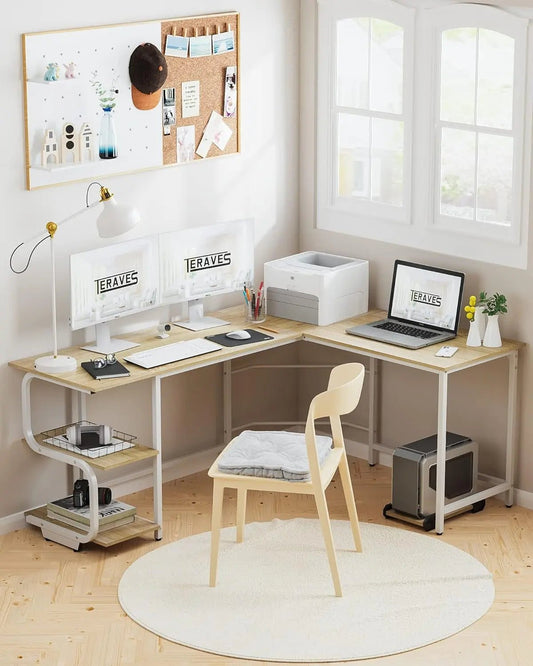 Teraves Reversible L Shaped Desk with Large Surface, 69 Inch Sturdy CoVersatile Storage Space: This computer desk features an open 2-tier shelves for storing books or documents or for displaying decorative items. It also has enough spaTeravesNovacartReversible L Shaped Desk