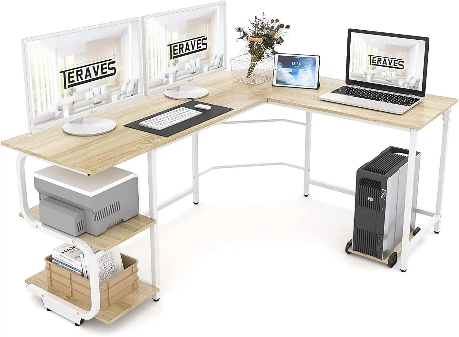 Teraves Reversible L Shaped Desk with Large Surface, 69 Inch Sturdy CoVersatile Storage Space: This computer desk features an open 2-tier shelves for storing books or documents or for displaying decorative items. It also has enough spaTeravesNovacartReversible L Shaped Desk