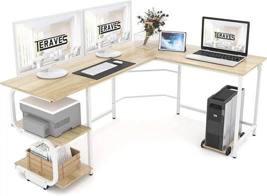 Teraves Reversible L Shaped Desk with Large Surface, 69 Inch Sturdy CoVersatile Storage Space: This computer desk features an open 2-tier shelves for storing books or documents or for displaying decorative items. It also has enough spaTeravesNovacartReversible L Shaped Desk