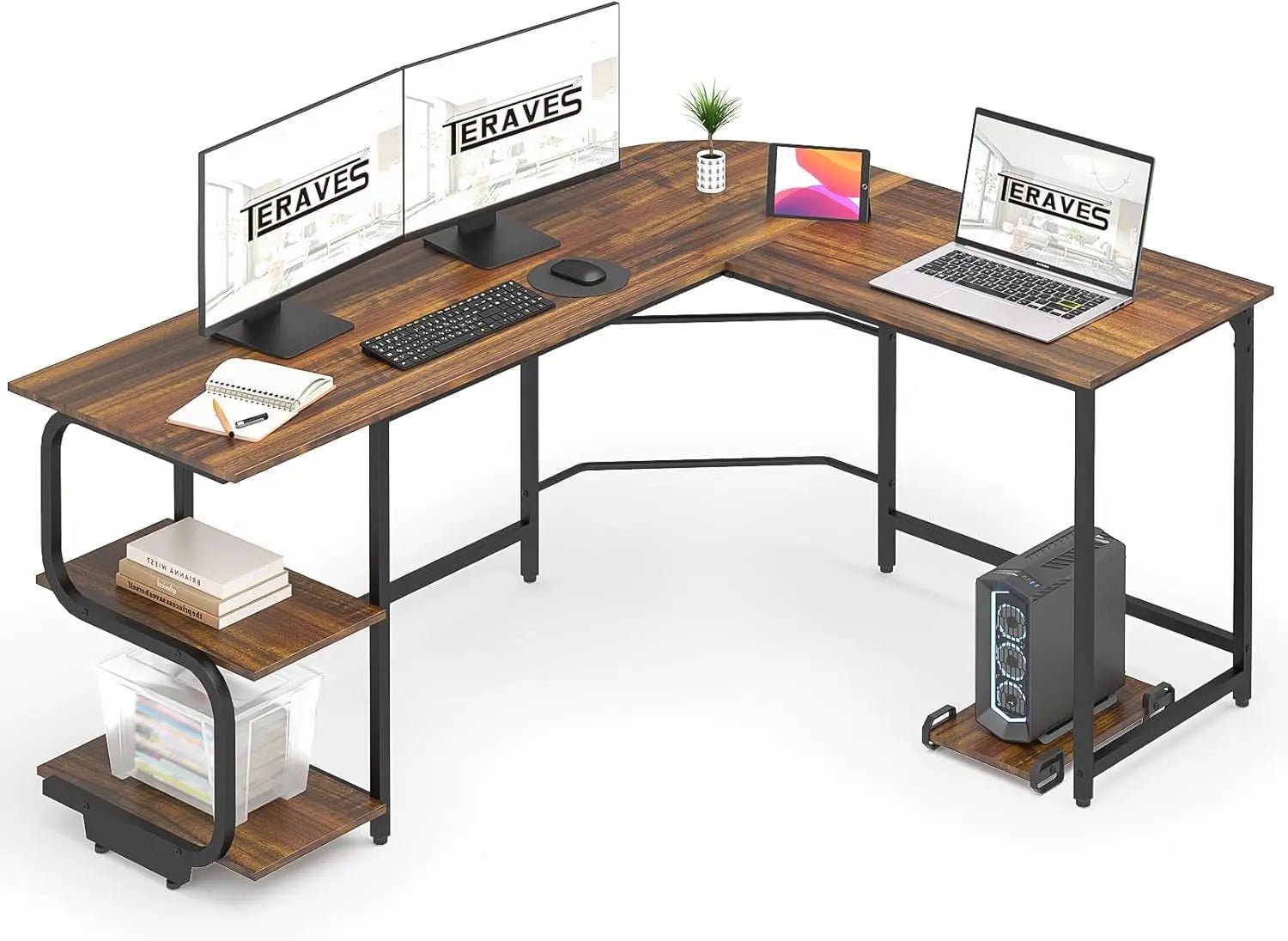 Teraves Reversible L Shaped Desk with Large Surface, 69 Inch Sturdy CoVersatile Storage Space: This computer desk features an open 2-tier shelves for storing books or documents or for displaying decorative items. It also has enough spaTeravesNovacartReversible L Shaped Desk