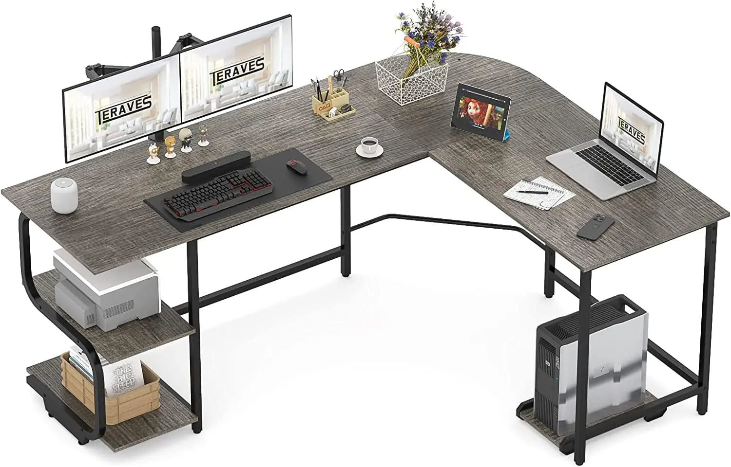 Teraves Reversible L Shaped Desk with Large Surface, 69 Inch Sturdy CoVersatile Storage Space: This computer desk features an open 2-tier shelves for storing books or documents or for displaying decorative items. It also has enough spaTeravesNovacartReversible L Shaped Desk
