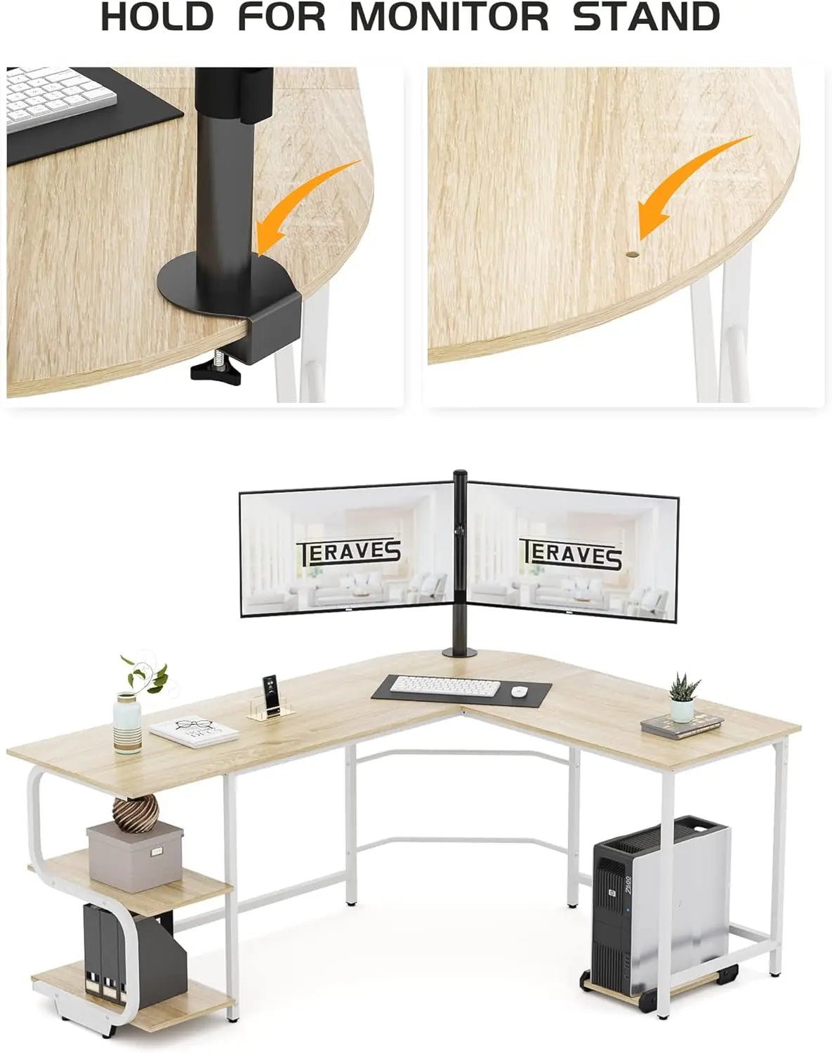 Teraves Reversible L Shaped Desk with Large Surface, 69 Inch Sturdy CoVersatile Storage Space: This computer desk features an open 2-tier shelves for storing books or documents or for displaying decorative items. It also has enough spaTeravesNovacartReversible L Shaped Desk