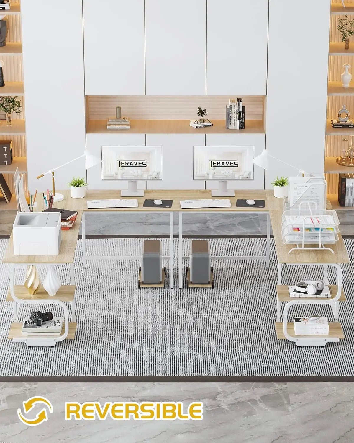 Teraves Reversible L Shaped Desk with Large Surface, 69 Inch Sturdy CoVersatile Storage Space: This computer desk features an open 2-tier shelves for storing books or documents or for displaying decorative items. It also has enough spaTeravesNovacartReversible L Shaped Desk