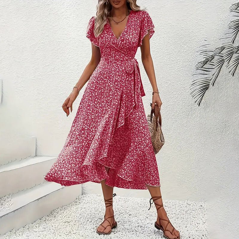 Women's Summer Floral Boho Dress Wrap V Neck Short Sleeve Ruffle A - Line Flowy Maxi Dresses - Novacart