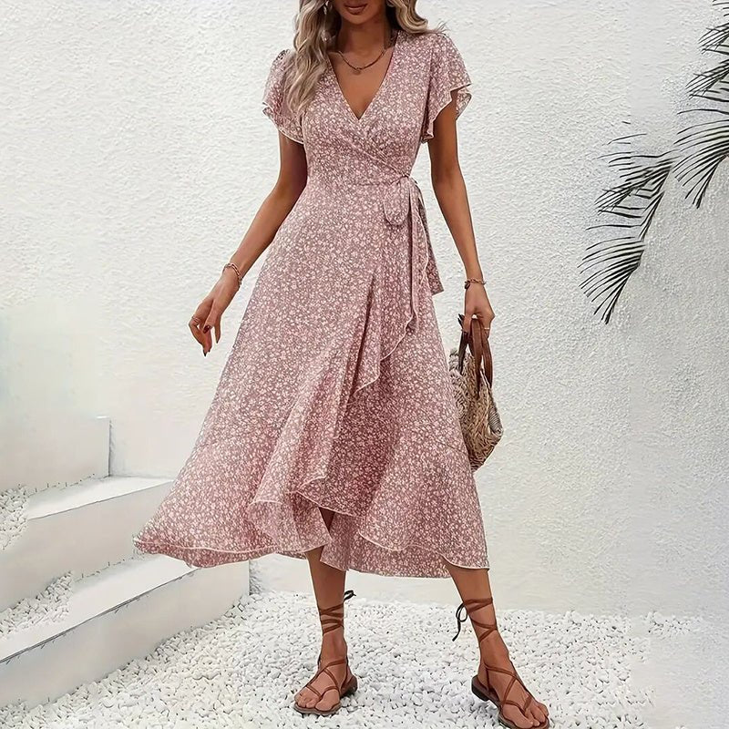Women's Summer Floral Boho Dress Wrap V Neck Short Sleeve Ruffle A - Line Flowy Maxi Dresses - Novacart