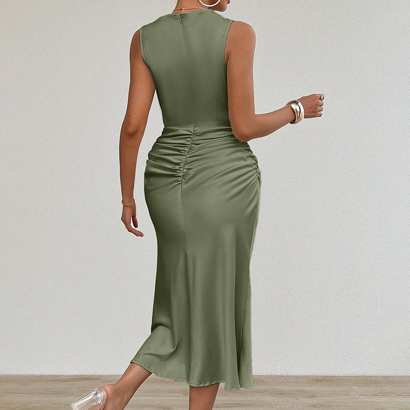 Women's Summer Sleeveless Tank Dress Crew Neck Slim Fit Ruched Bodycon Dress Casual Party Club Dress - Novacart