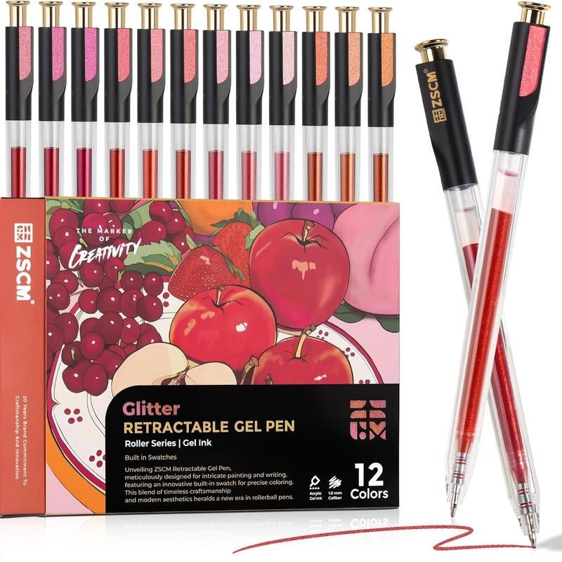 ZSCM Retractable Glitter Gel Pens Large Capacity Red Pink Glitter Metallic Gel Ink Pens 1 Mm Fine Point Smooth Writing Color Pens for Adult Coloring Book Note Taking Aesthetic Art Supplies - Novacart