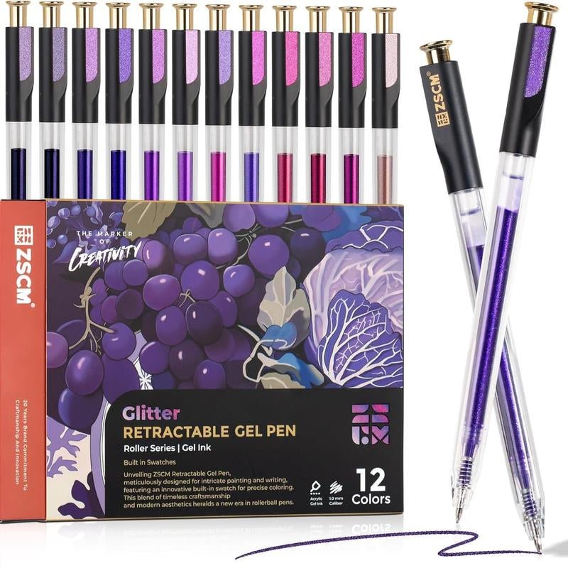 ZSCM Retractable Glitter Gel Pens Large Capacity Red Pink Glitter Metallic Gel Ink Pens 1 Mm Fine Point Smooth Writing Color Pens for Adult Coloring Book Note Taking Aesthetic Art Supplies - Novacart