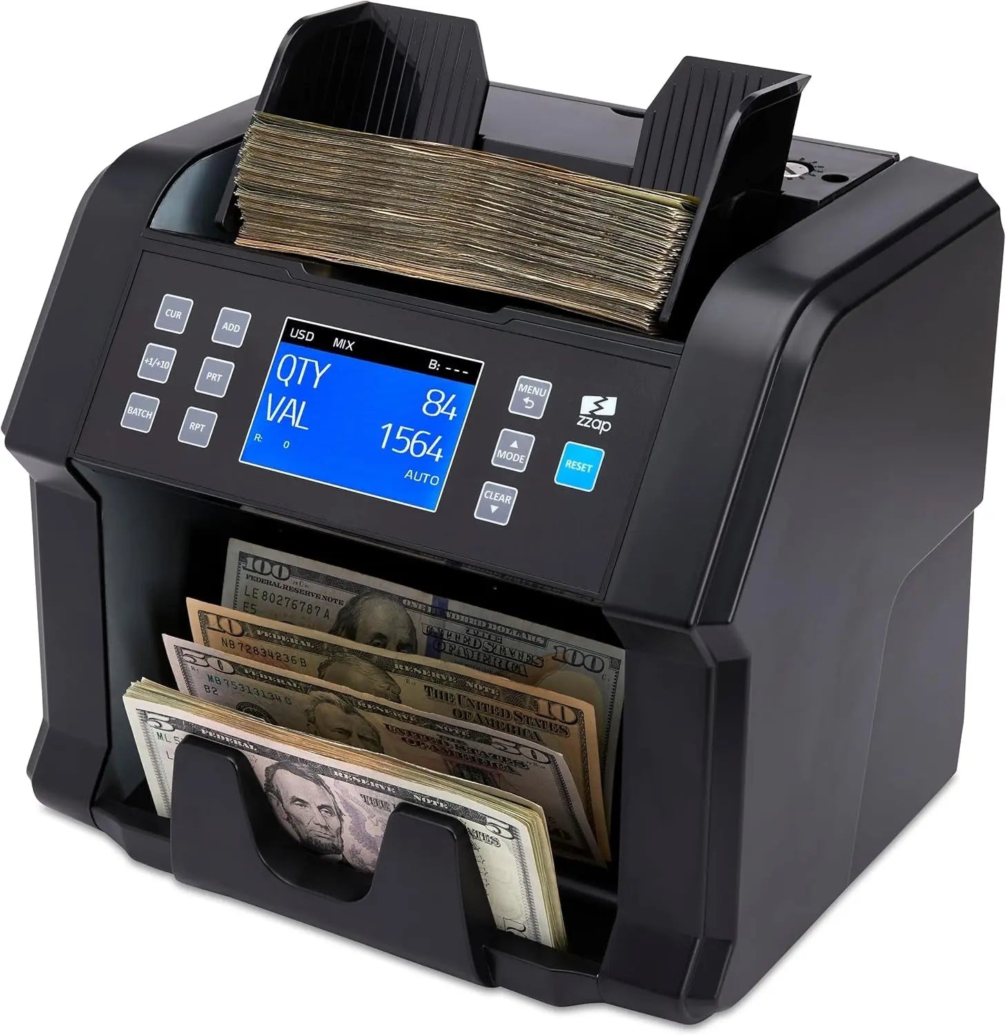 Zzap Bill Value Counter - Money Cash Currency Machine (NC20)Just launched, 2025 Model / Counts the total VALUE &amp; quantity for SINGLE denomination (sorted) bills
Batch counting function (1-999) / Add function / Automatic oZZapNovacartZzap Bill Value Counter