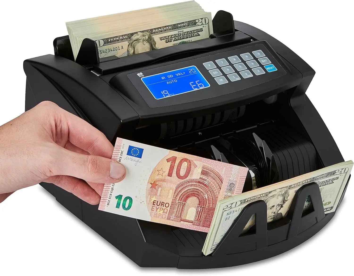 Zzap Bill Value Counter - Money Cash Currency Machine (NC20)Just launched, 2025 Model / Counts the total VALUE &amp; quantity for SINGLE denomination (sorted) bills
Batch counting function (1-999) / Add function / Automatic oZZapNovacartZzap Bill Value Counter